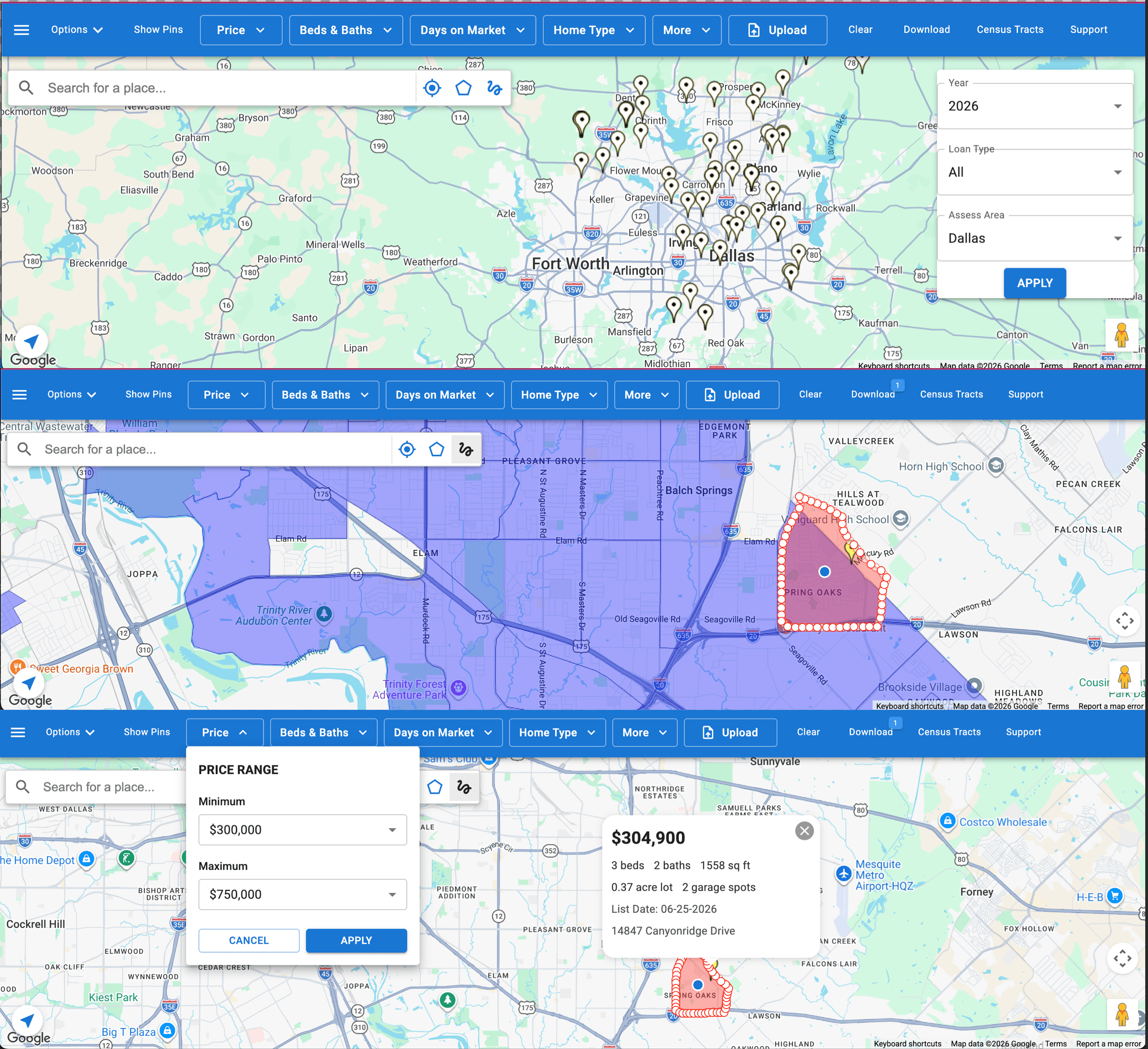 Combined Terravalue product visual showing Loan Activity, Demographic areas, and Property searches in sequence, with embedded Google map attribution.