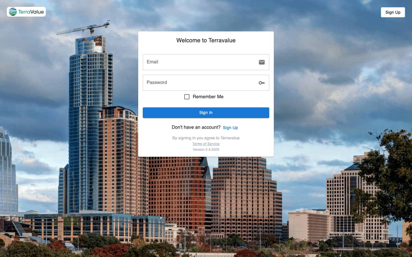 Public Terravalue compliance workspace sign-in screen with empty email and password fields