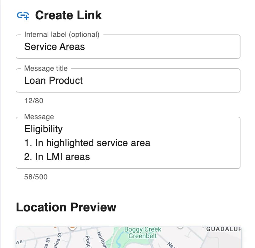Create Link form with a Service Areas label, Loan Product title, and eligibility criteria for a highlighted service area and LMI areas.